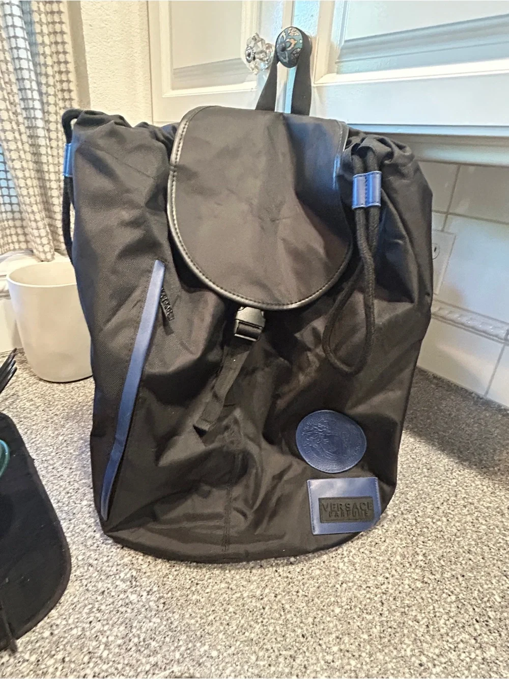 VERSACE PARFUMS Medusa Head Black Nylon Drawstring Flap Backpack